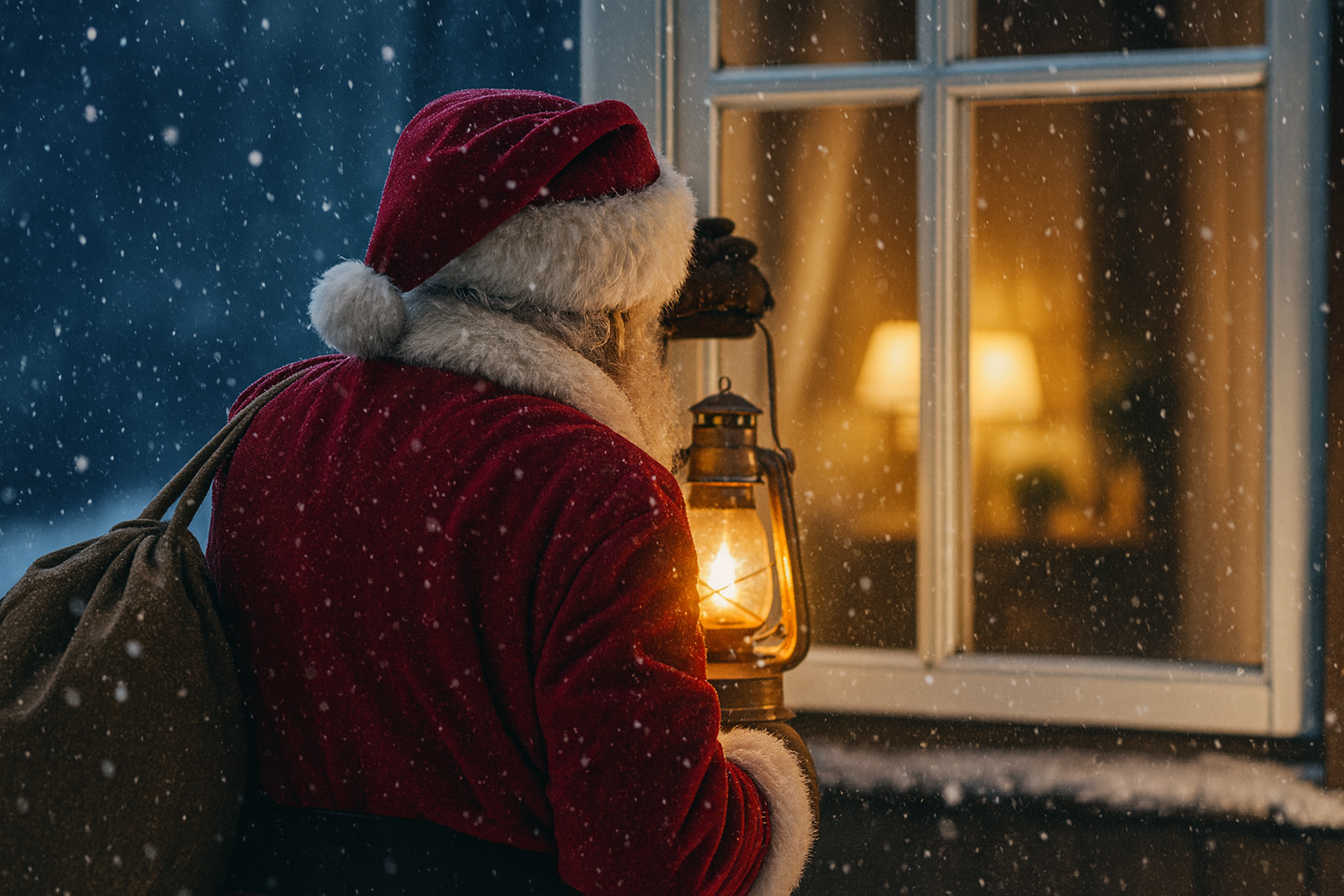 En person utklädd till jultomte står ute i snöfall och tittar in genom ett upplyst fönster. Hen håller en tänd lykta i handen och bär en säck över axeln. Bilden är skapad med hjälp av AI.