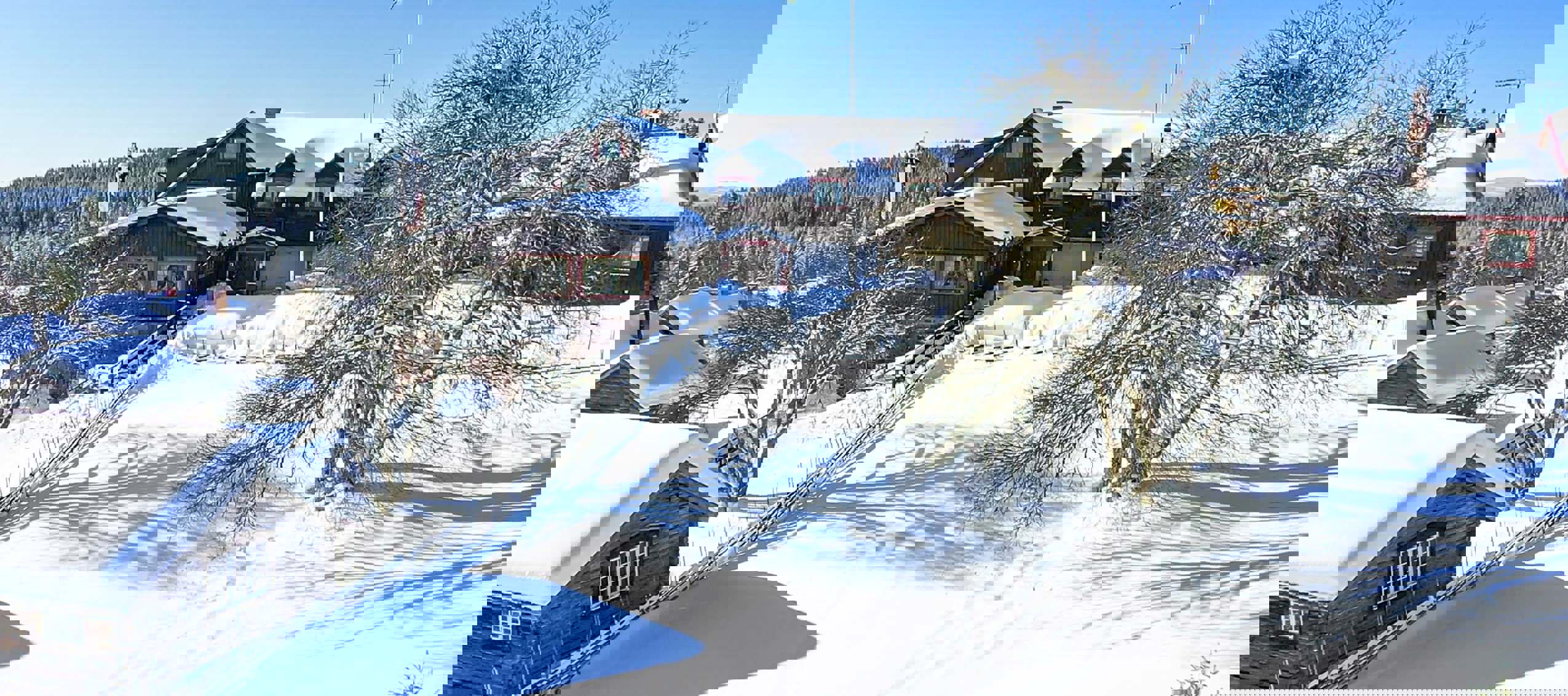 Vintervy över Fryksås Hotell & Gestgifveri med snötäckta trähus och omgivande skog i solsken.