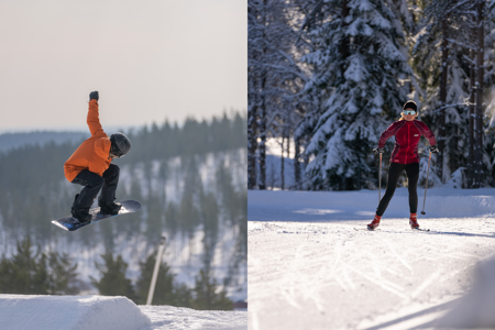 Till vänster utför en snowboardåkare i orange jacka ett hopp i snowparken. Till höger åker en person längdskidor i ett soligt och snöklätt skogslandskap.